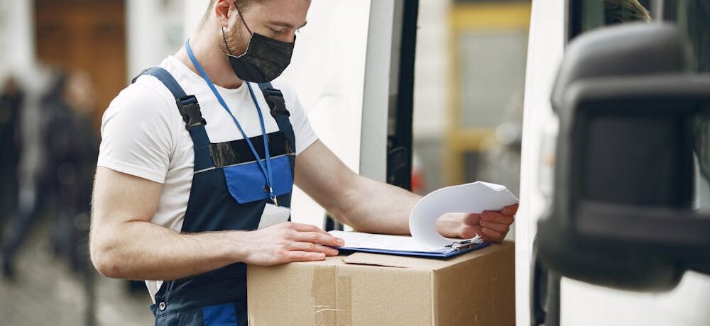 Courier delivery worker reviewing package documents before shipment