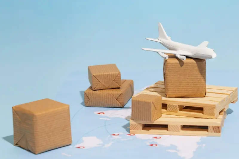 airplane flying over packed parcel boxes on a wooden pallet with world map background - Chitra's Courier Services