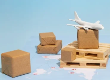 airplane flying over packed parcel boxes on a wooden pallet with world map background - Chitra's Courier Services