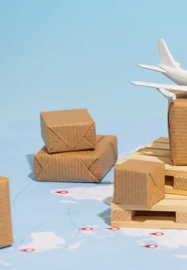 airplane flying over packed parcel boxes on a wooden pallet with world map background - Chitra's Courier Services