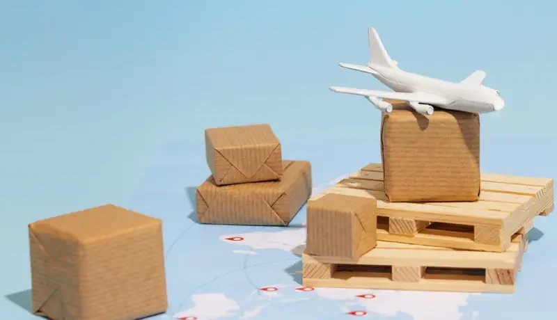 airplane flying over packed parcel boxes on a wooden pallet with world map background - Chitra's Courier Services